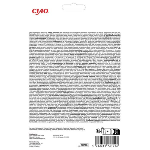 Reverso del envase de Churu Tidbits pollo con composición y análisis
