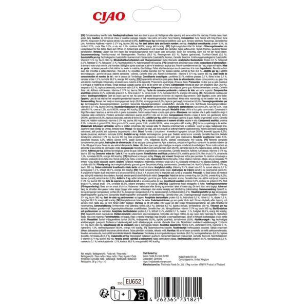 Reverso del envase de Churu Luxury atún con langostino con composición y análisis