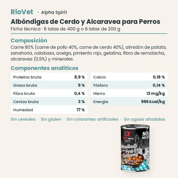 Ficha técnica de Albóndigas de Cerdo y Alcaravea para Perros de Alpha Spirit