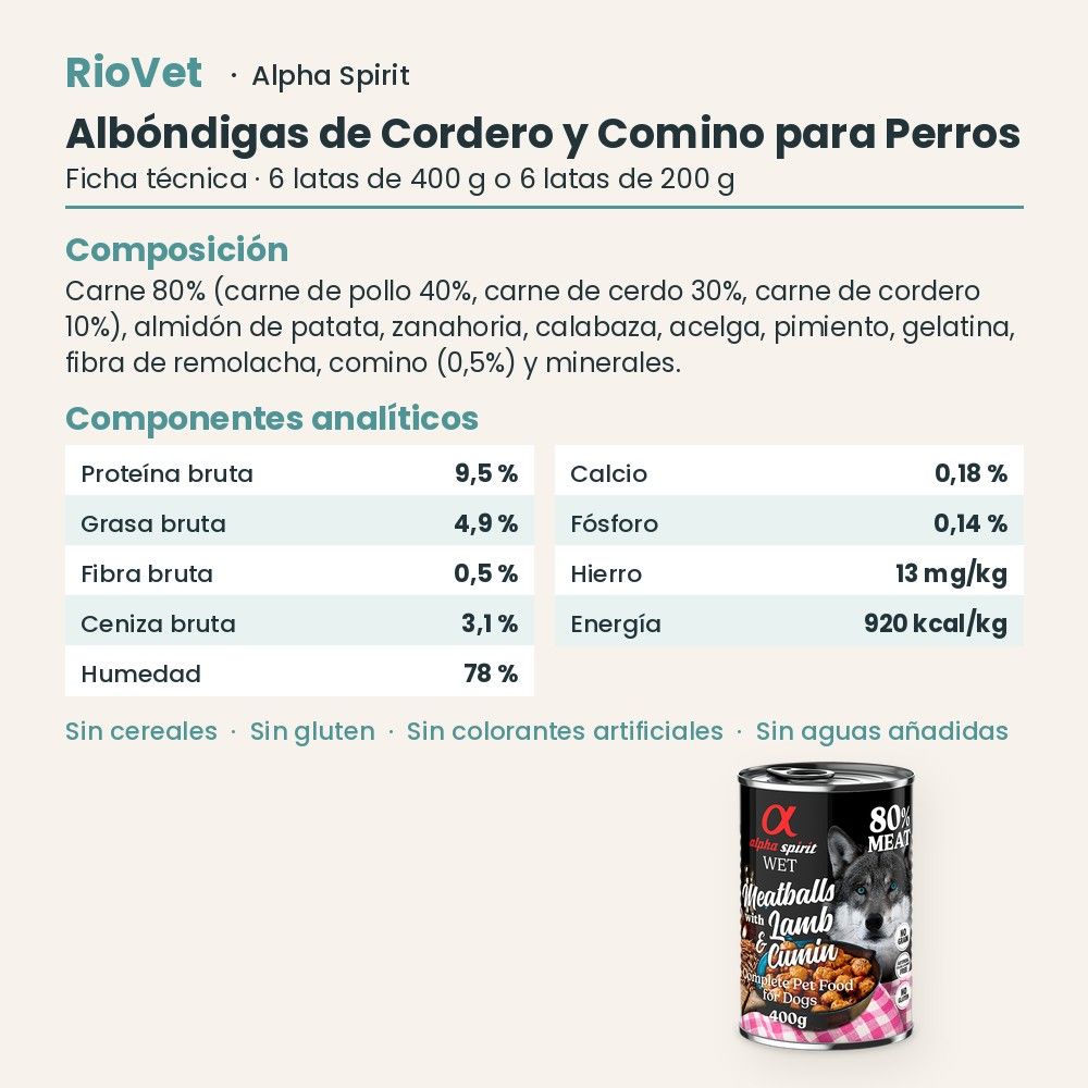Ficha técnica de Albóndigas de Cordero y Comino para Perros de Alpha Spirit