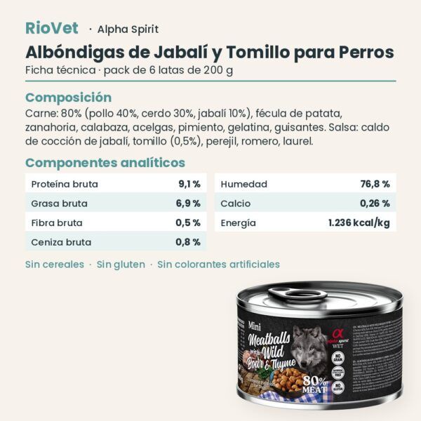 Ficha técnica de Albóndigas de Jabalí y Tomillo para Perros de Alpha Spirit