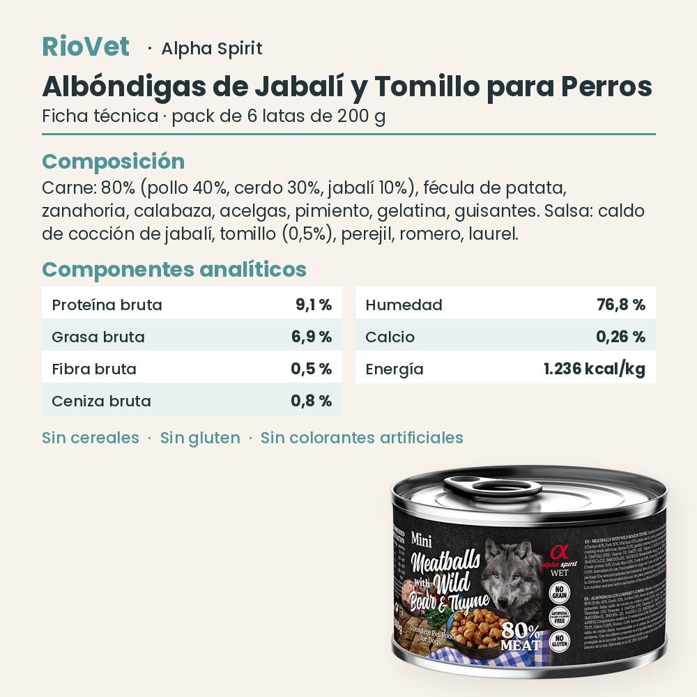 Ficha técnica de Albóndigas de Jabalí y Tomillo para Perros de Alpha Spirit