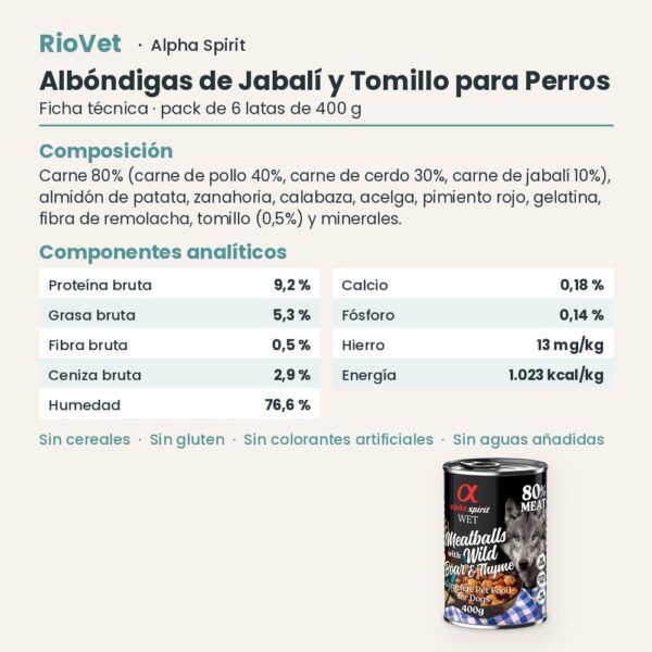 Ficha técnica de Albóndigas de Jabalí y Tomillo para Perros de Alpha Spirit