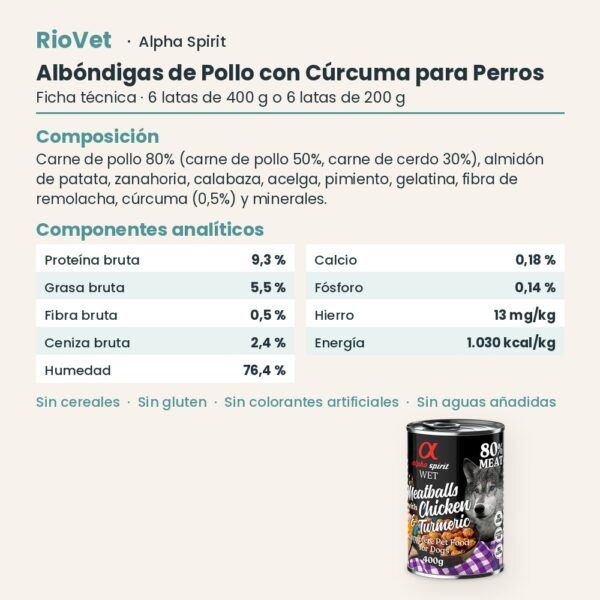 Ficha técnica de Albóndigas de Pollo con Cúrcuma para Perros de Alpha Spirit