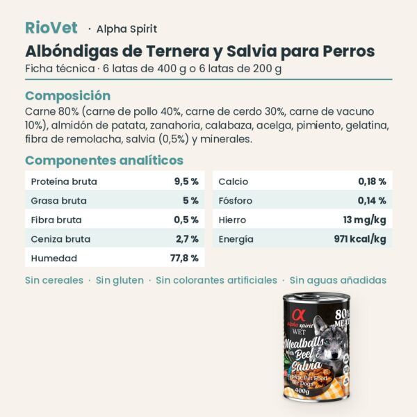 Ficha técnica de Albóndigas de Ternera y Salvia para Perros de Alpha Spirit