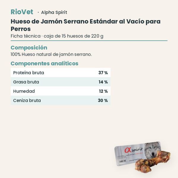 Ficha técnica de Hueso de Jamón Serrano Estándar al Vacío para Perros de Alpha Spirit