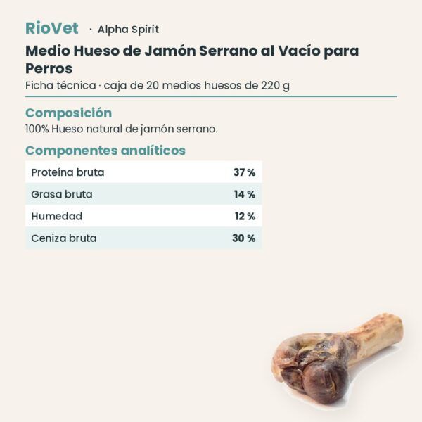 Ficha técnica de Medio Hueso de Jamón Serrano al Vacío para Perros de Alpha Spirit