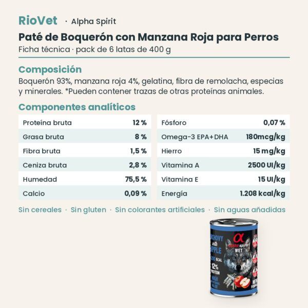 Ficha técnica de Paté de Boquerón con Manzana Roja para Perros de Alpha Spirit
