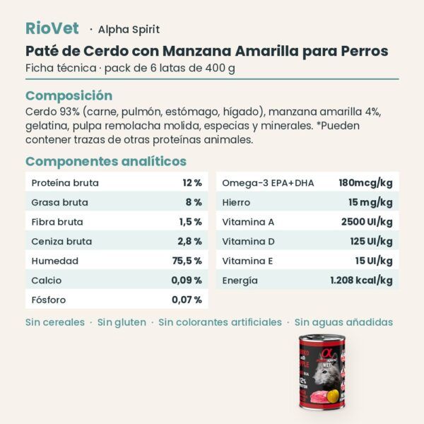 Ficha técnica de Paté de Cerdo con Manzana Amarilla para Perros de Alpha Spirit