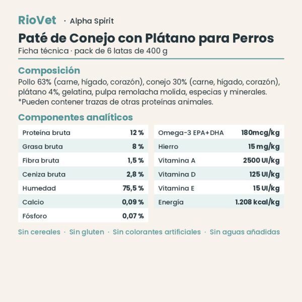 Ficha técnica de Paté de Conejo con Plátano para Perros de Alpha Spirit
