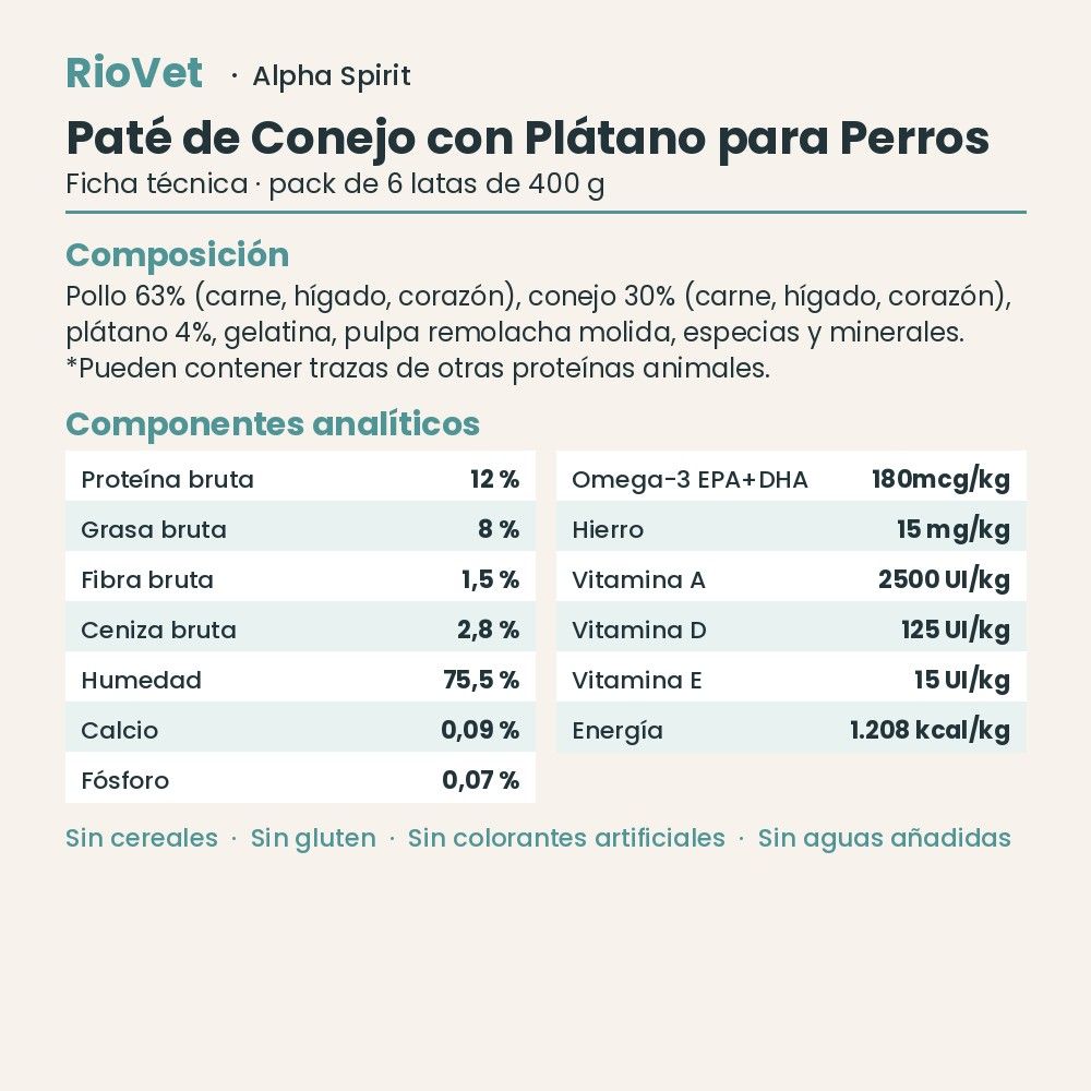 Ficha técnica de Paté de Conejo con Plátano para Perros de Alpha Spirit