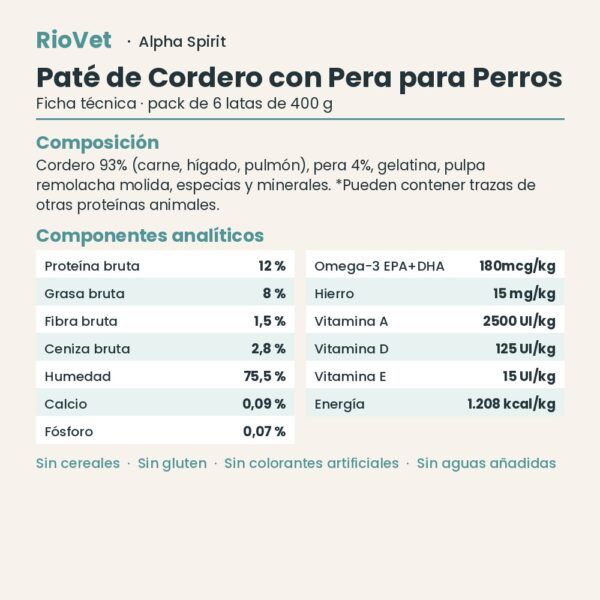 Ficha técnica de Paté de Cordero con Pera para Perros de Alpha Spirit