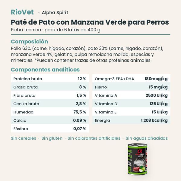 Ficha técnica de Paté de Pato con Manzana Verde para Perros de Alpha Spirit