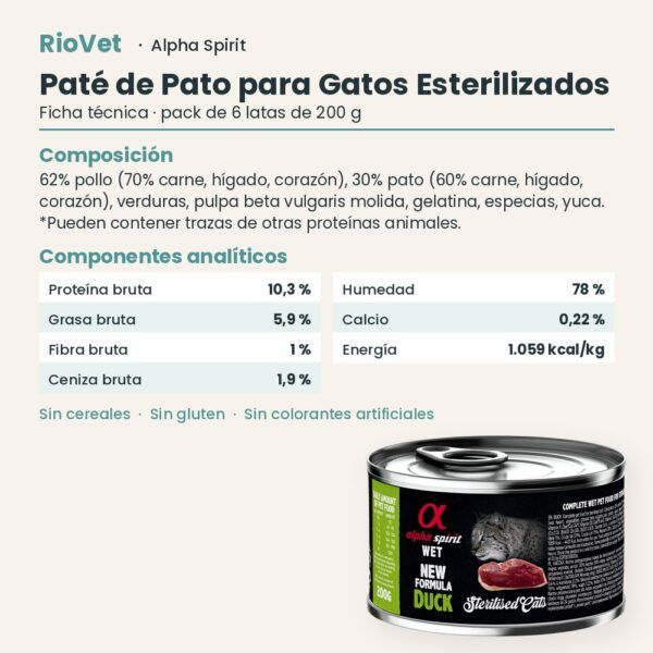 Ficha técnica de Paté de Pato para Gatos Esterilizados de Alpha Spirit