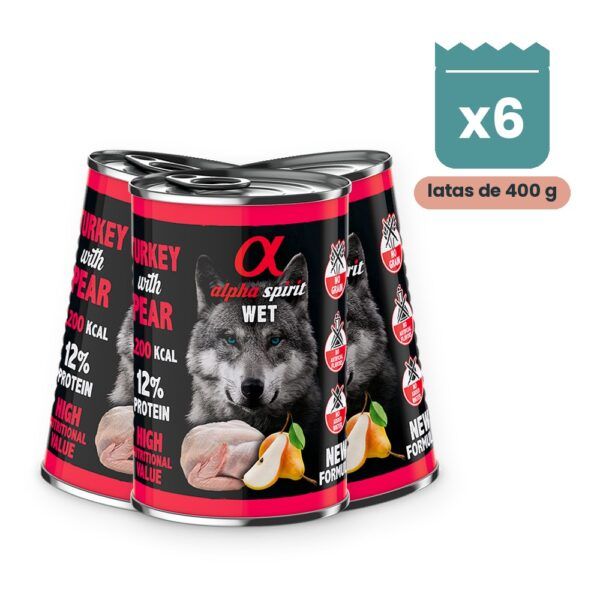 Alpha Spirit Paté de Pavo con Pera para Perros en Lata Pack 6x400 g