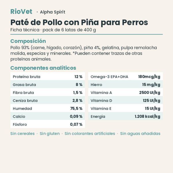 Ficha técnica de Paté de Pollo con Piña para Perros de Alpha Spirit