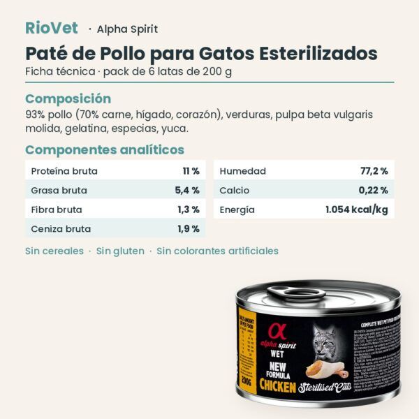 Ficha técnica de Paté de Pollo para Gatos Esterilizados de Alpha Spirit