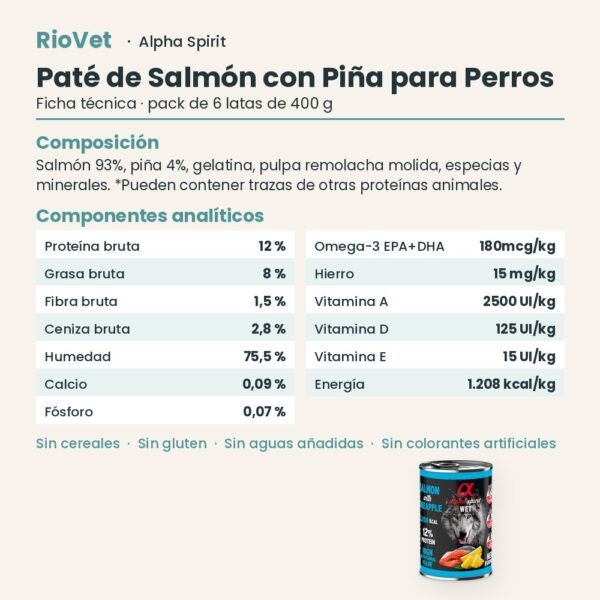 Ficha técnica de Paté de Salmón con Piña para Perros de Alpha Spirit