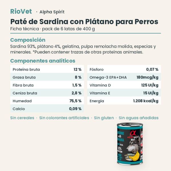 Ficha técnica de Paté de Sardina con Plátano para Perros de Alpha Spirit