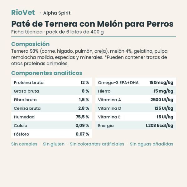 Ficha técnica de Paté de Ternera con Melón para Perros de Alpha Spirit