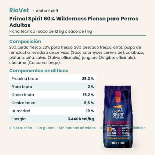 Ficha técnica de Primal Spirit 60% Wilderness Pienso para Perros Adultos de Alpha Spirit