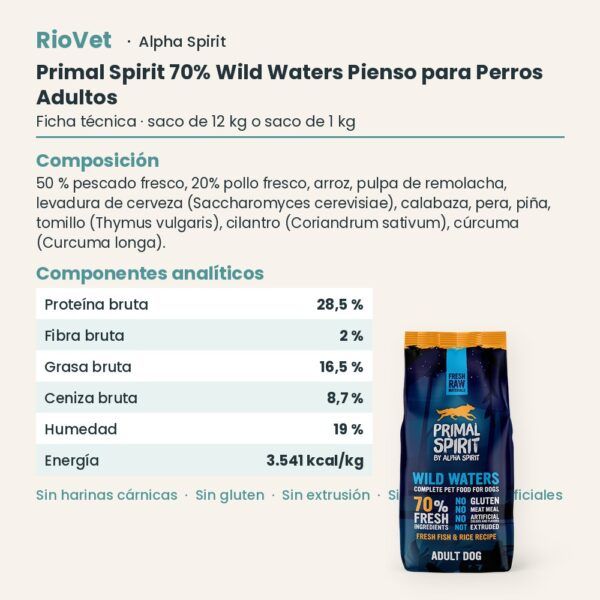 Ficha técnica de Primal Spirit 70% Wild Waters Pienso para Perros Adultos de Alpha Spirit