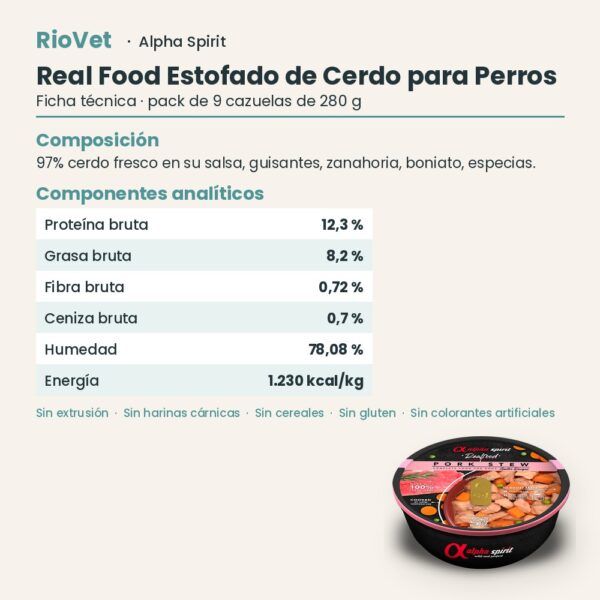 Ficha técnica de Real Food Estofado de Cerdo para Perros de Alpha Spirit