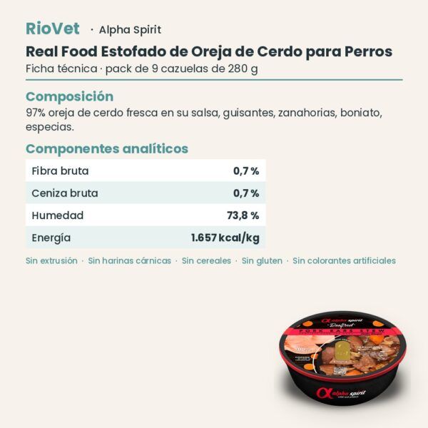 Ficha técnica de Real Food Estofado de Oreja de Cerdo para Perros de Alpha Spirit