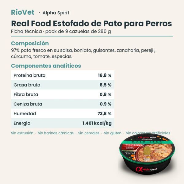 Ficha técnica de Real Food Estofado de Pato para Perros de Alpha Spirit