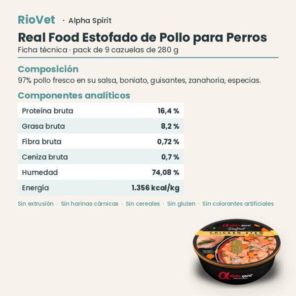 Ficha técnica de Real Food Estofado de Pollo para Perros de Alpha Spirit
