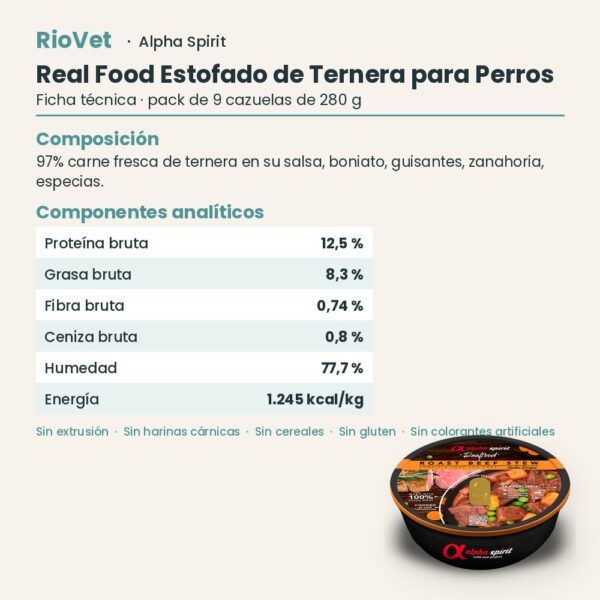 Ficha técnica de Real Food Estofado de Ternera para Perros de Alpha Spirit