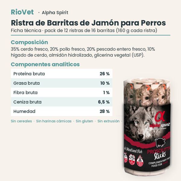 Ficha técnica de Ristra de Barritas de Jamón para Perros de Alpha Spirit