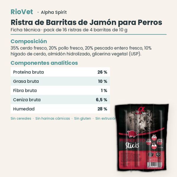Ficha técnica de Ristra de Barritas de Jamón para Perros de Alpha Spirit