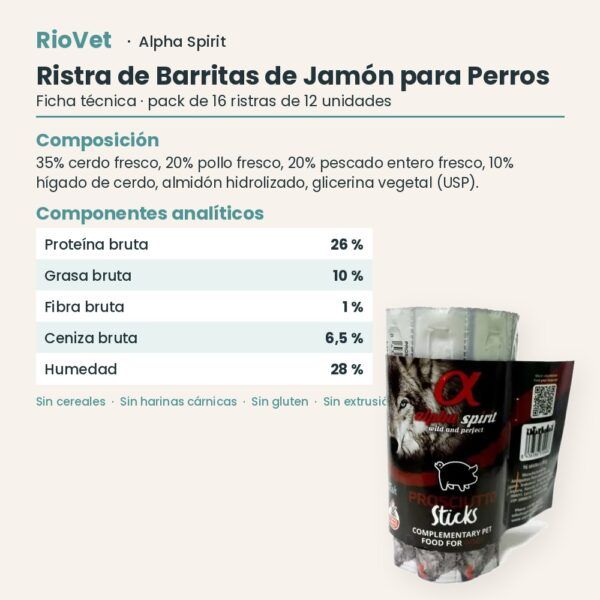 Ficha técnica de Ristra de Barritas de Jamón para Perros de Alpha Spirit