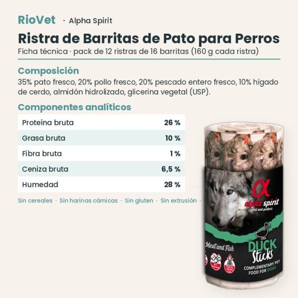 Ficha técnica de Ristra de Barritas de Pato para Perros de Alpha Spirit