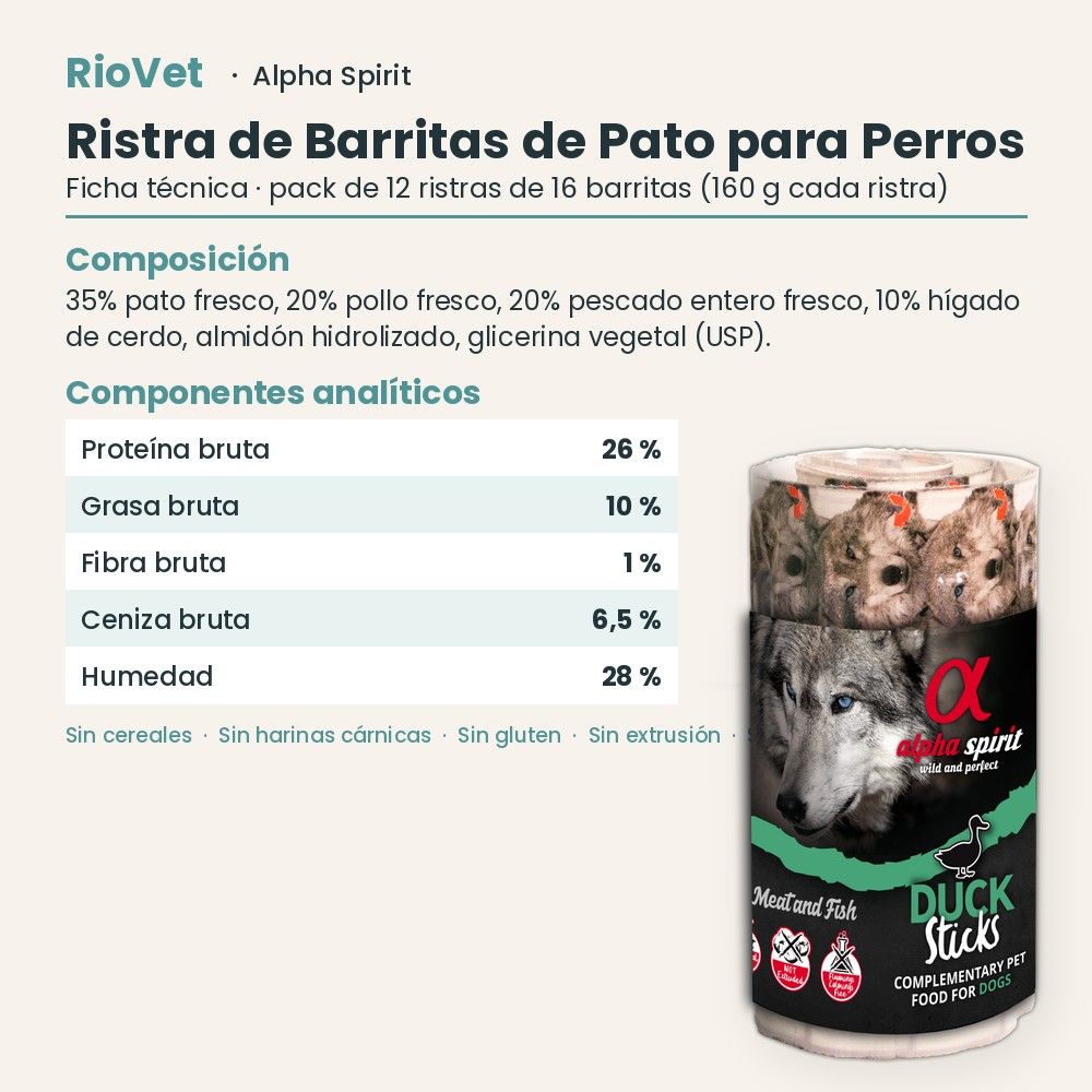 Ficha técnica de Ristra de Barritas de Pato para Perros de Alpha Spirit