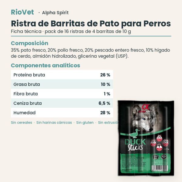 Ficha técnica de Ristra de Barritas de Pato para Perros de Alpha Spirit