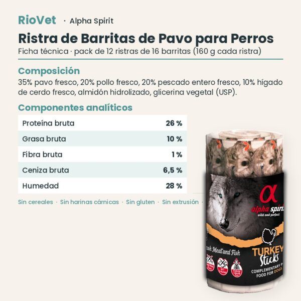 Ficha técnica de Ristra de Barritas de Pavo para Perros de Alpha Spirit