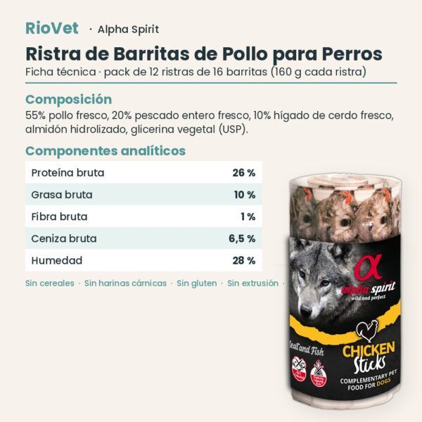 Ficha técnica de Ristra de Barritas de Pollo para Perros de Alpha Spirit