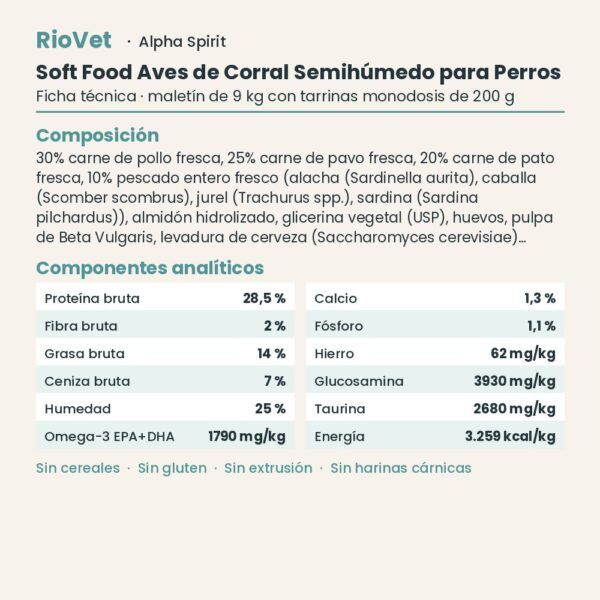 Ficha técnica de Soft Food Aves de Corral Semihúmedo para Perros de Alpha Spirit