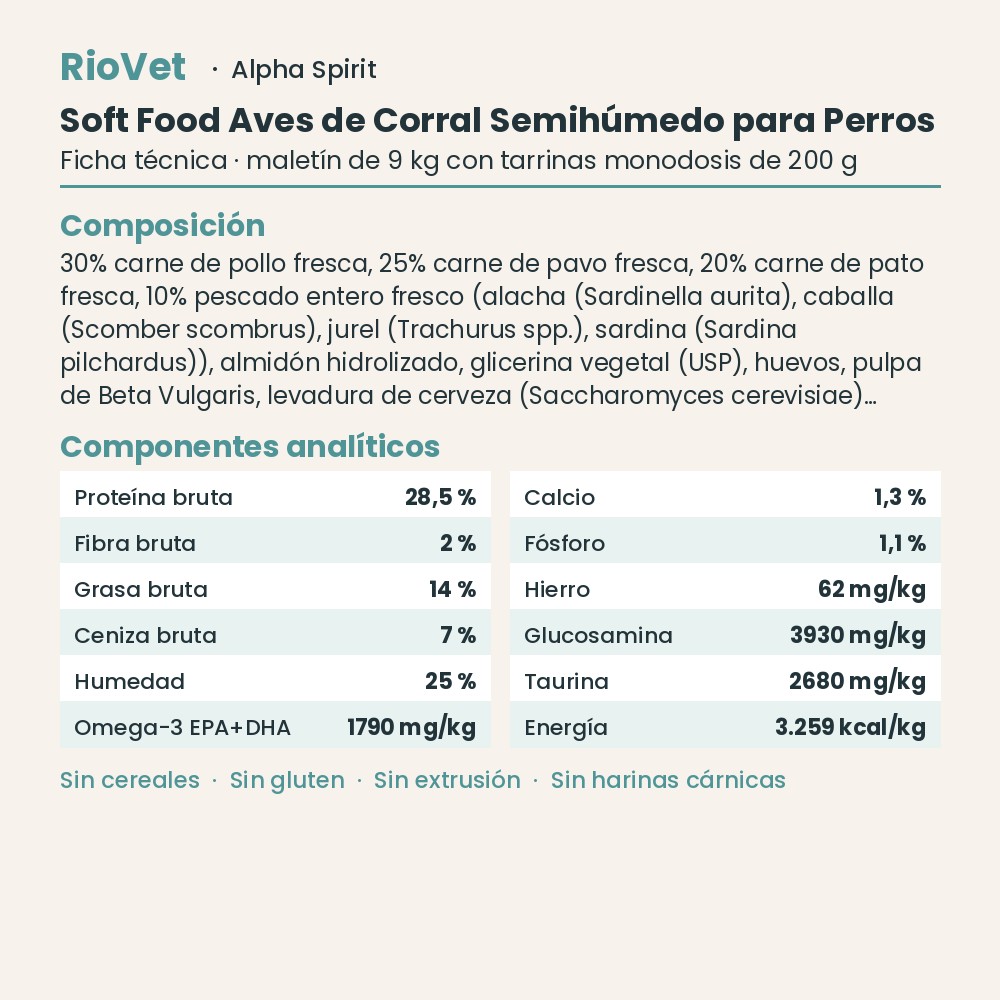 Ficha técnica de Soft Food Aves de Corral Semihúmedo para Perros de Alpha Spirit