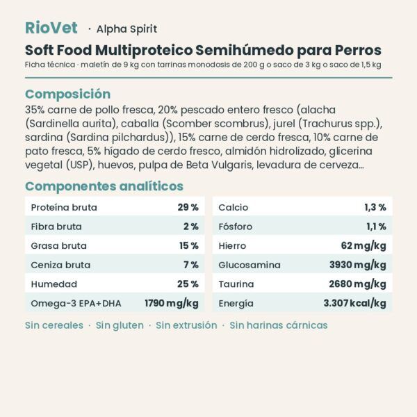 Ficha técnica de Soft Food Multiproteico Semihúmedo para Perros de Alpha Spirit