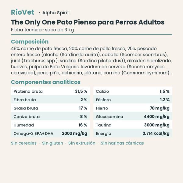 Ficha técnica de The Only One Pato Pienso para Perros Adultos de Alpha Spirit