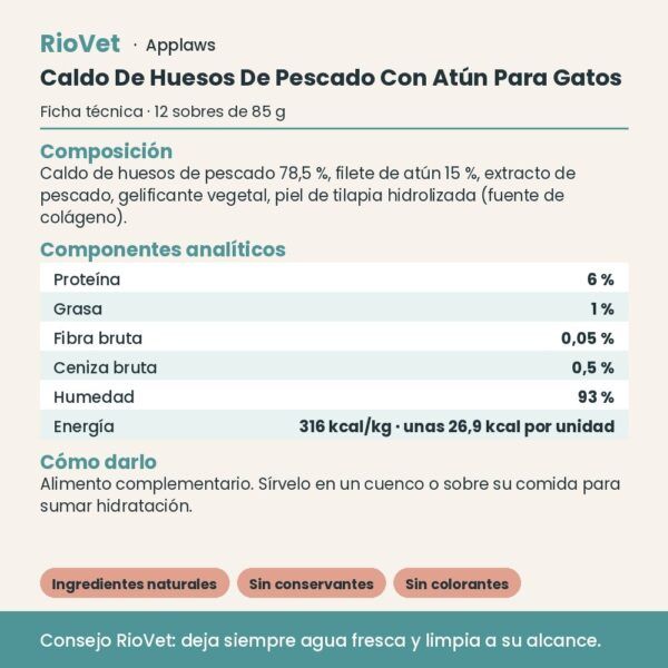 Applaws Caldo De Huesos De Pescado Con Atún Para Gatos Pack 12x85 g - ficha técnica