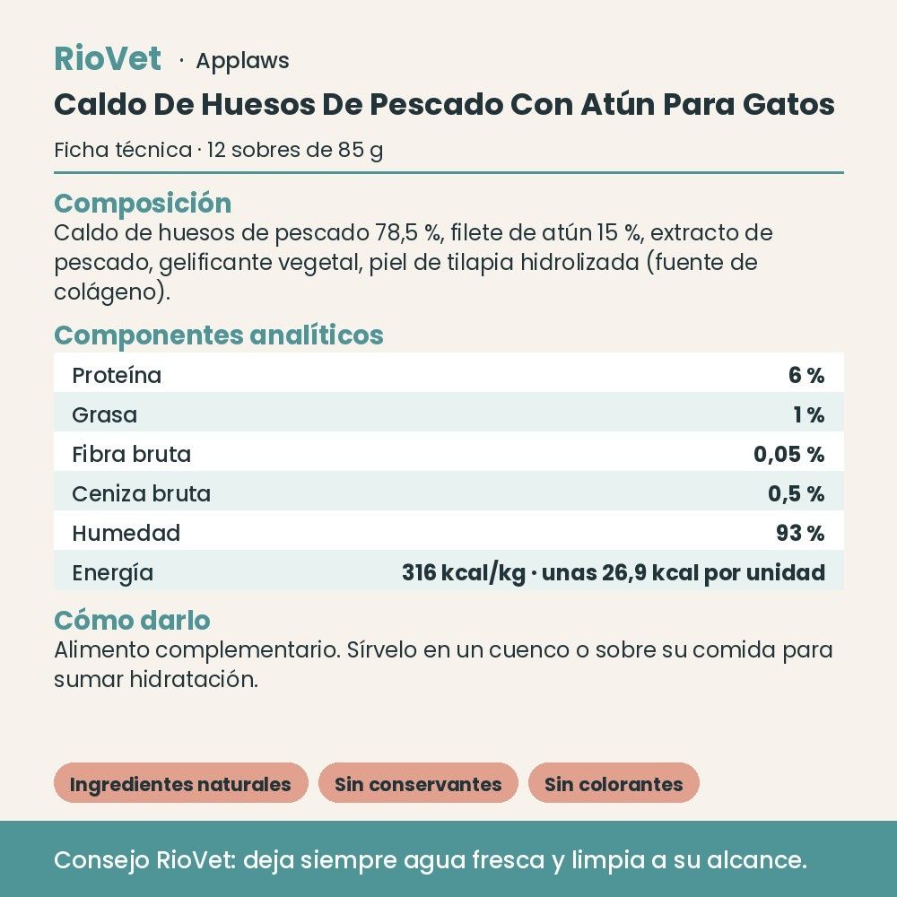 Applaws Caldo De Huesos De Pescado Con Atún Para Gatos Pack 12x85 g - ficha técnica