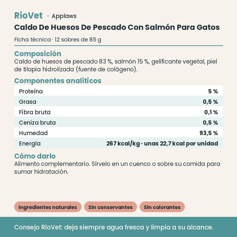 Applaws Caldo De Huesos De Pescado Con Salmón Para Gatos Pack 12x85 g - ficha técnica