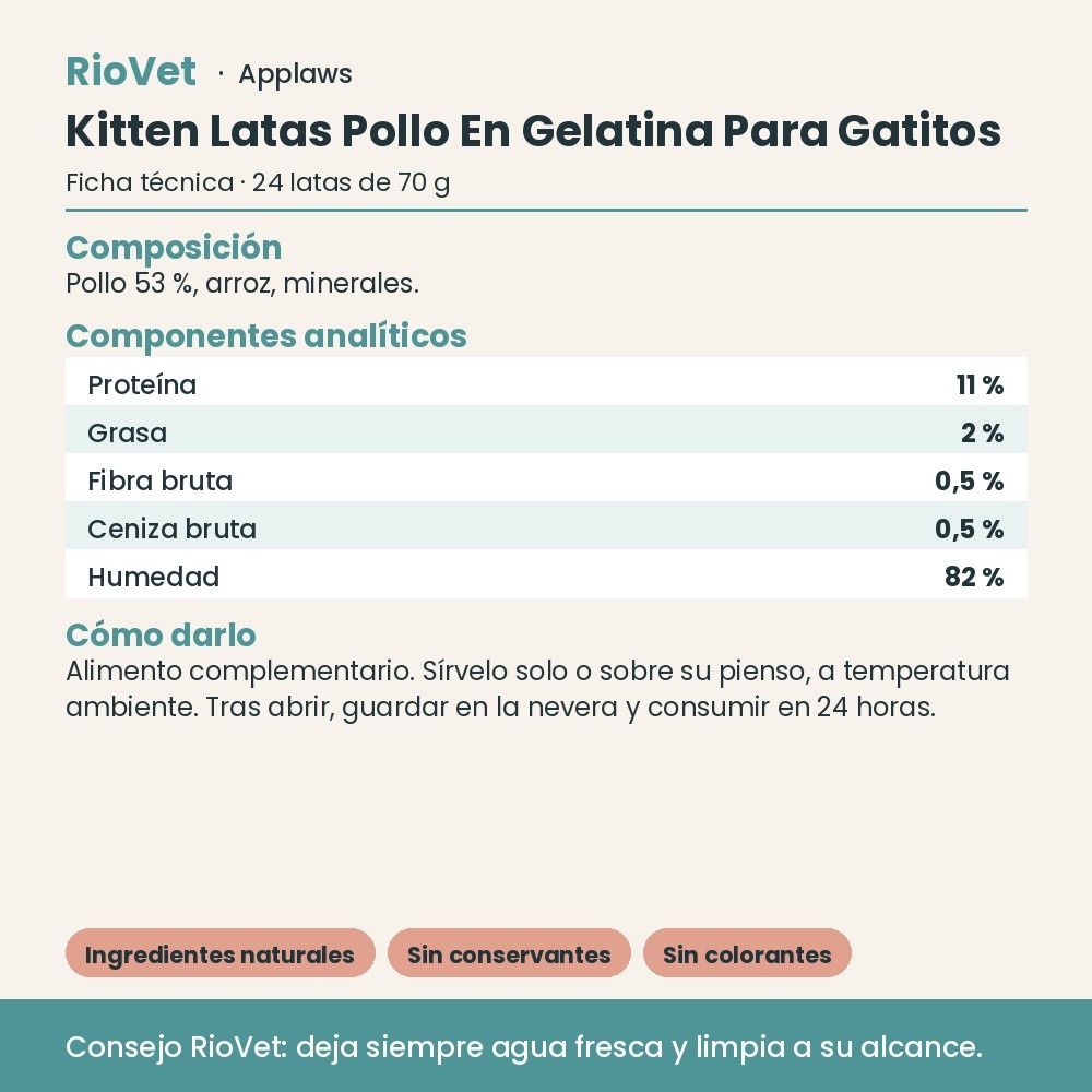 Applaws Kitten Latas Pollo En Gelatina Para Gatitos Pack 24x70 g - ficha técnica