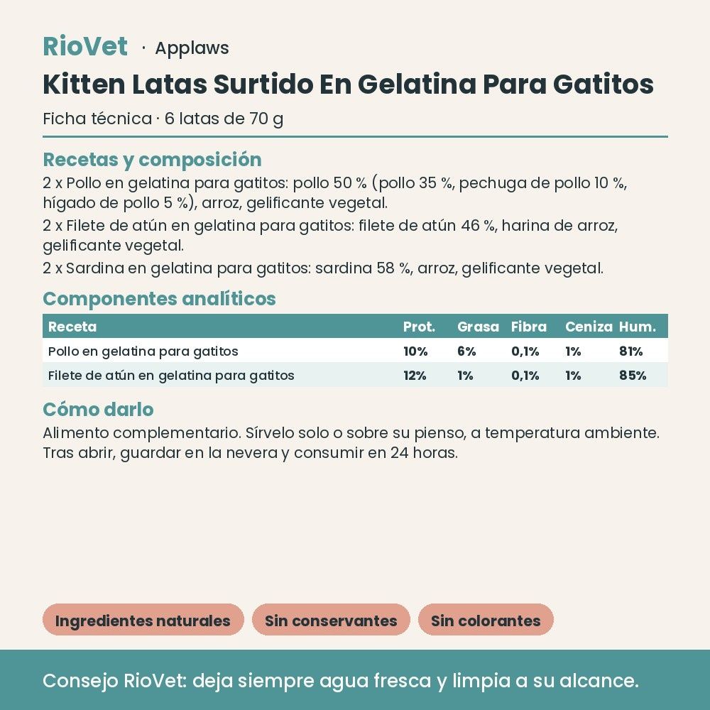 Applaws Kitten Latas Surtido En Gelatina Para Gatitos Pack 6x70 g - ficha técnica