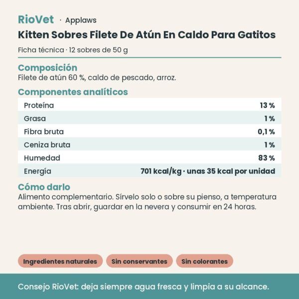 Applaws Kitten Sobres Filete De Atún En Caldo Para Gatitos Pack 12x50 g - ficha técnica