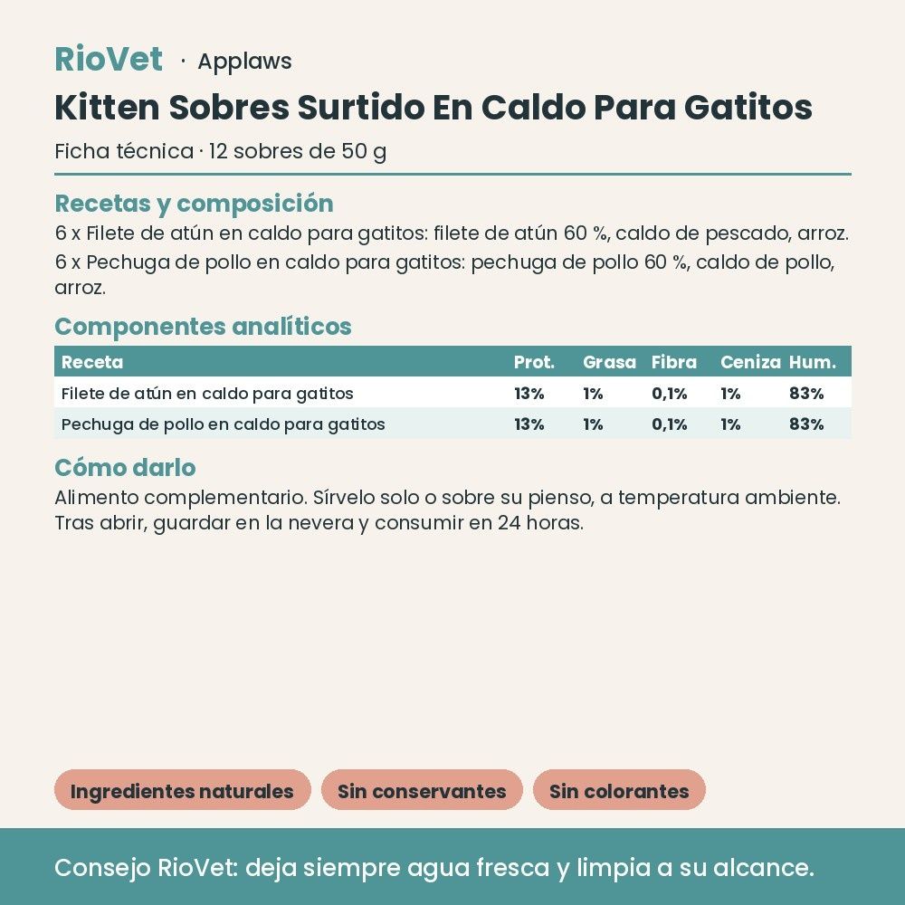 Applaws Kitten Sobres Surtido En Caldo Para Gatitos Pack 12x50 g - ficha técnica